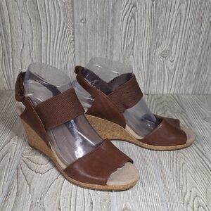 Clarks Lafley Lily Cork Wedge Brown Leather Sandals Womens Size 8.5